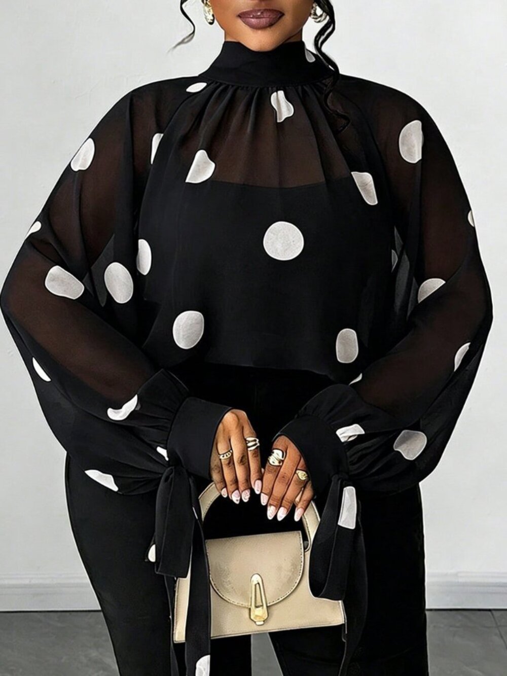 Black Casual Women's Polka Dot Mock Neck Blouse
